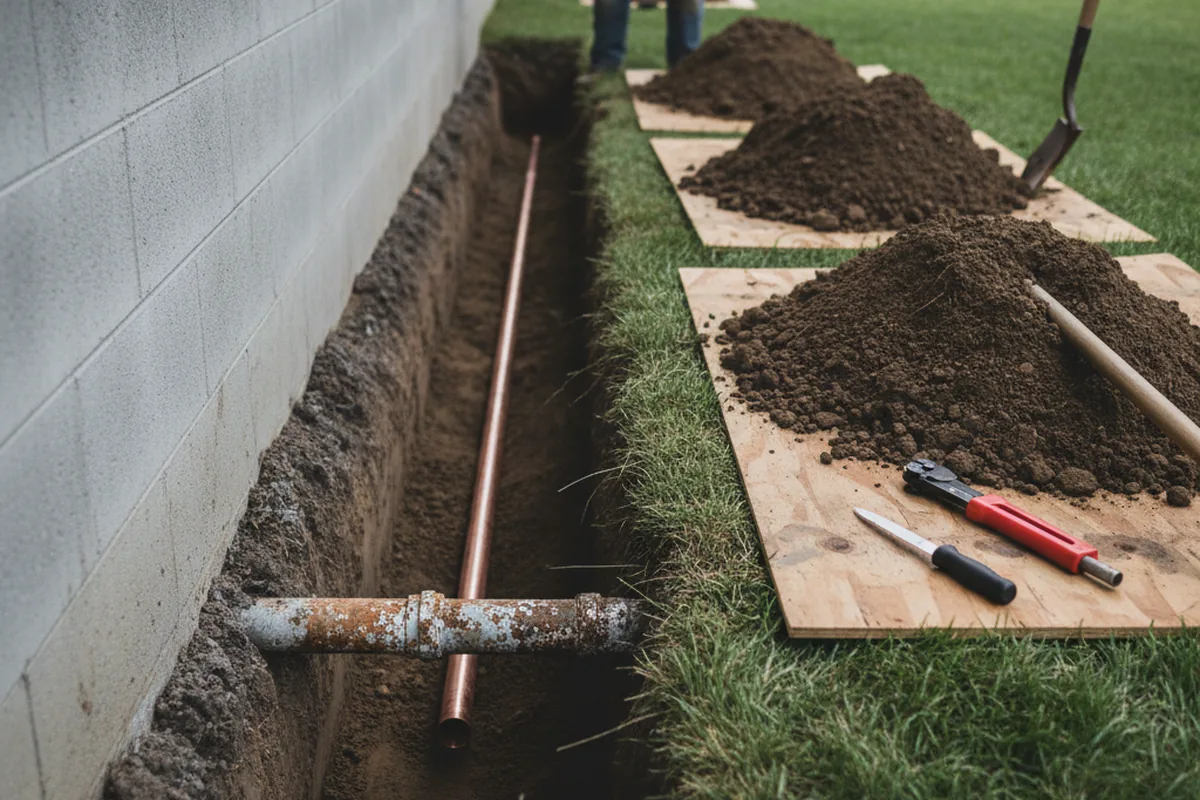 Excavated water line trench during Water Heater Repair in Kansasville
